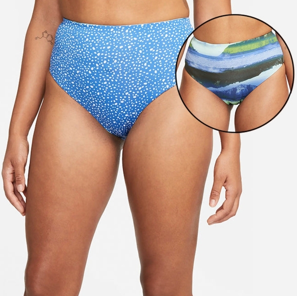 Nike Swim Women's NWT Blue Adventure Reversible High Waist Bikini Bottoms Large - Picture 1 of 14